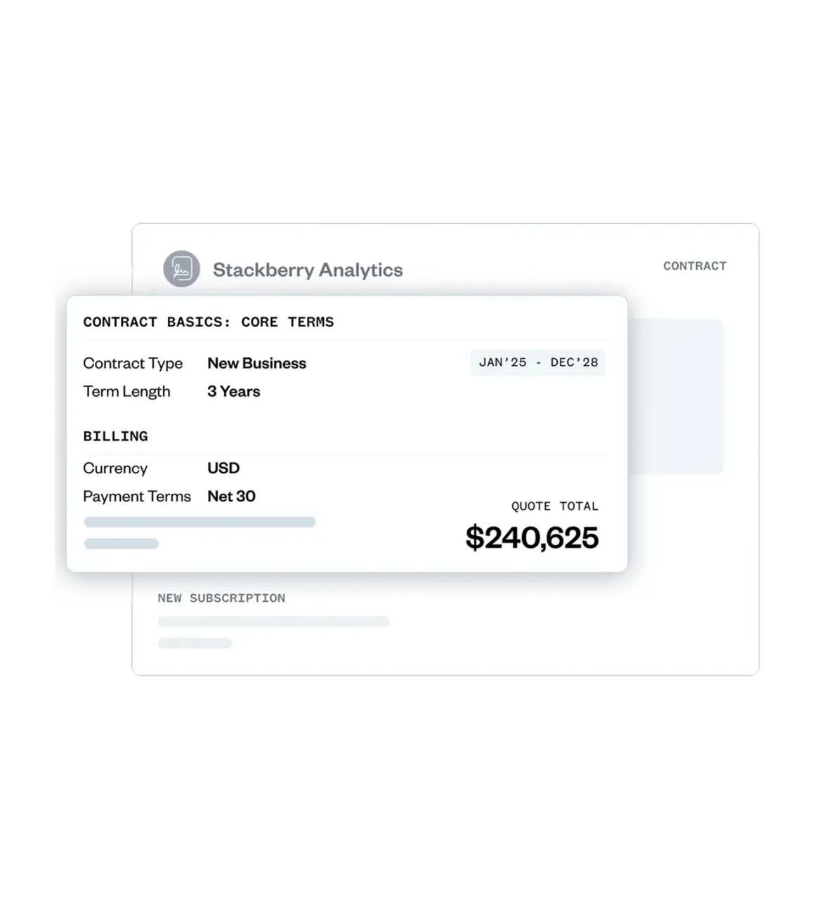 A contract summary showing details for Stackberry Analytics: new business, 3-year term, USD, net 30 payment, and a quote total of $240,625 for Jan 2025–Dec 2028.