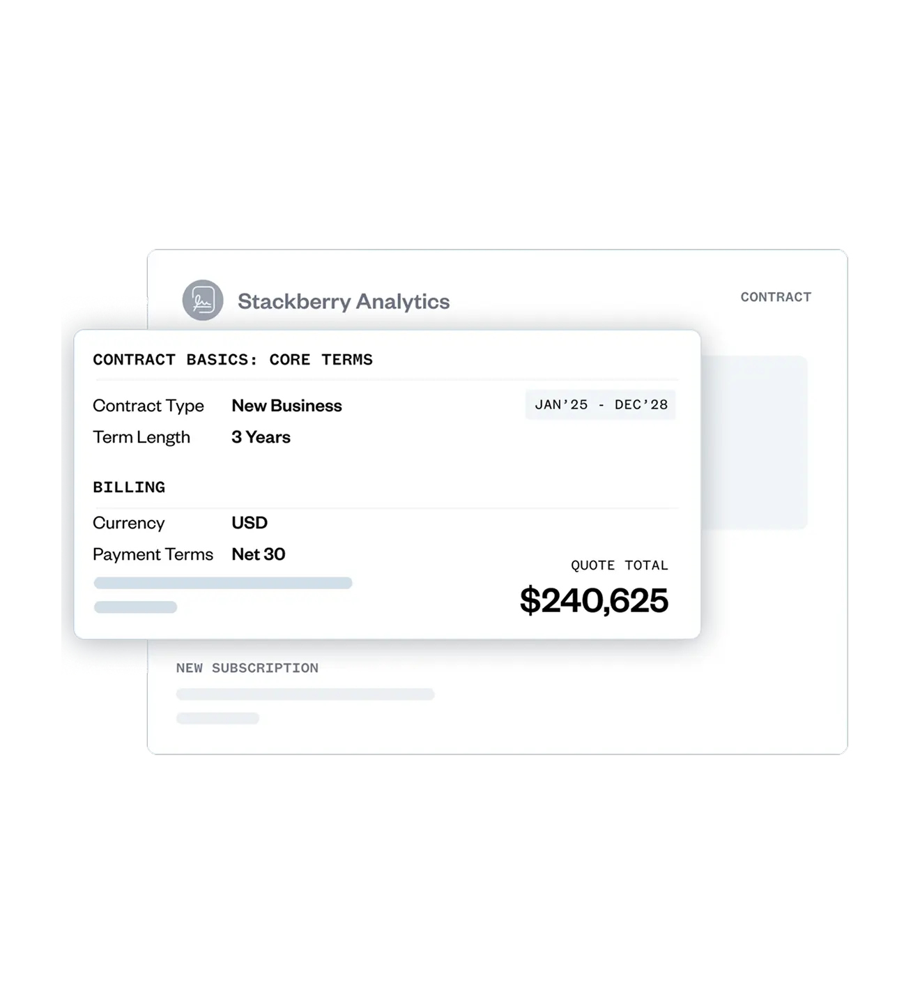 A contract summary showing details for Stackberry Analytics: new business, 3-year term, USD, net 30 payment, and a quote total of $240,625 for Jan 2025–Dec 2028.