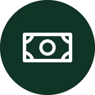 White money bill icon centered on a dark green circular background, symbolizing recurring billing software.