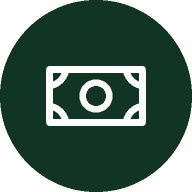 White money bill icon centered on a dark green circular background, symbolizing recurring billing software.