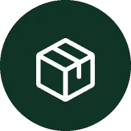 White outlined icon of a cardboard box, symbolizing recurring billing software, centered on a dark green circular background.