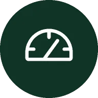 White speedometer icon centered on a dark green circular background, representing the efficiency and reliability of recurring billing software.