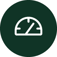 White speedometer icon centered on a dark green circular background, representing the efficiency and reliability of recurring billing software.
