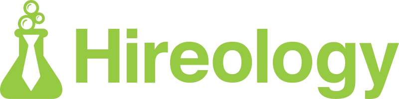 Hireology logo in light green letters with a laboratory flask icon replacing the letter "H".