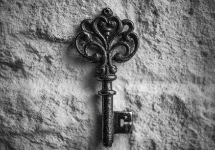 A black and white photo of an ornate, vintage metal key resting against a textured stone wall.