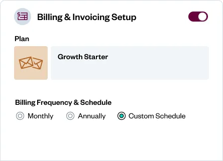 Billing & Invoicing Setup screen showing the "Growth Starter" plan selected and "Custom Schedule" chosen for billing frequency.