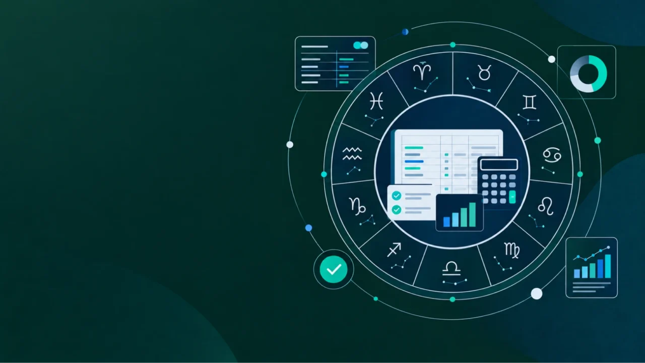 Graphic of a Zodiac chart mixed with accounting dashboards
